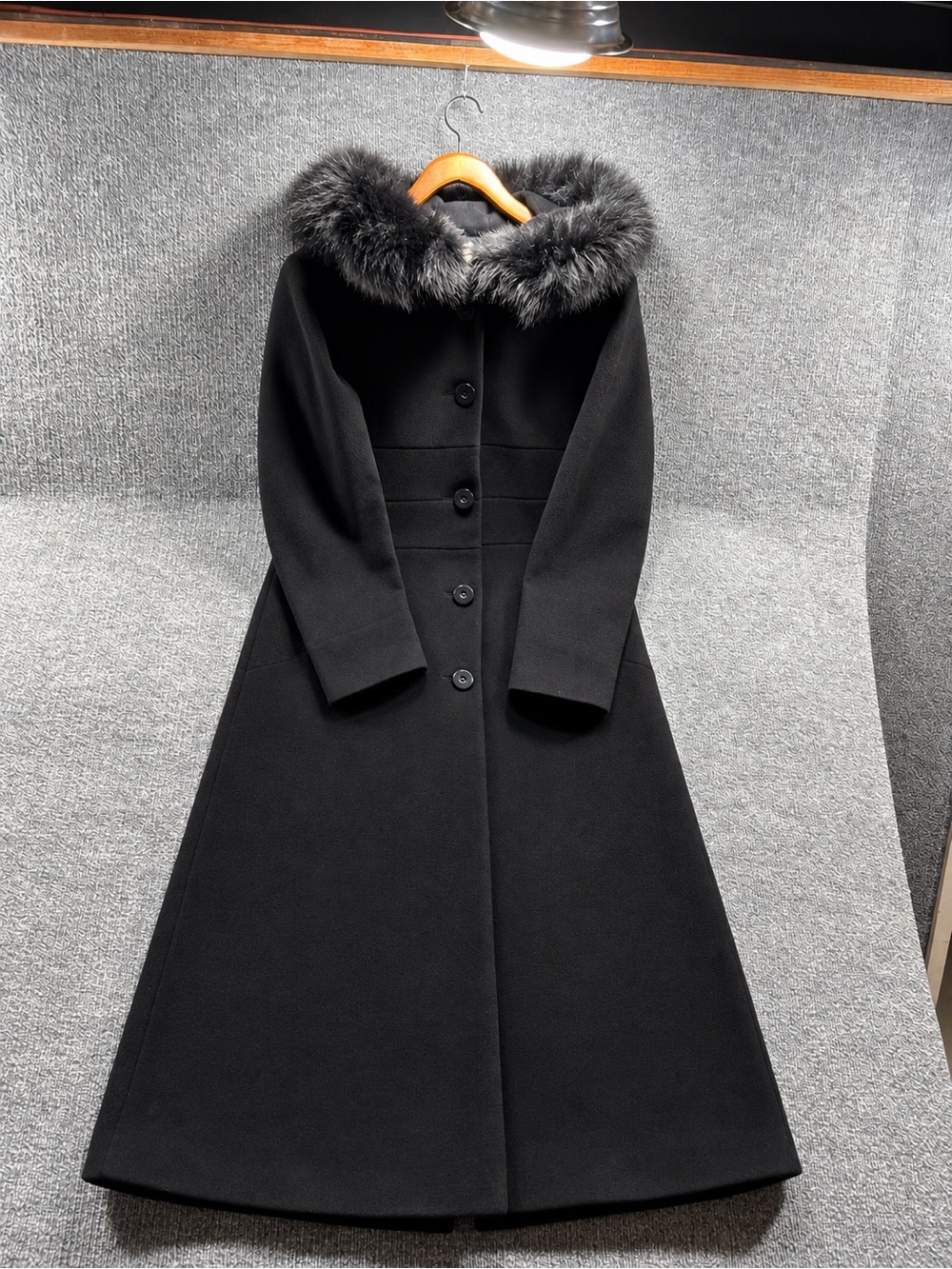 Women's Long Black Wool Pea Coat with Faux Fur Hood